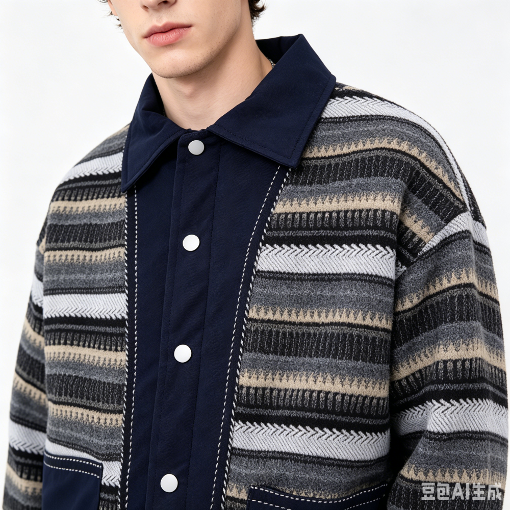 GorgeousBen Men's Retro Striped Patchwork Cotton-Padded Jacket, Loose Winter Coat