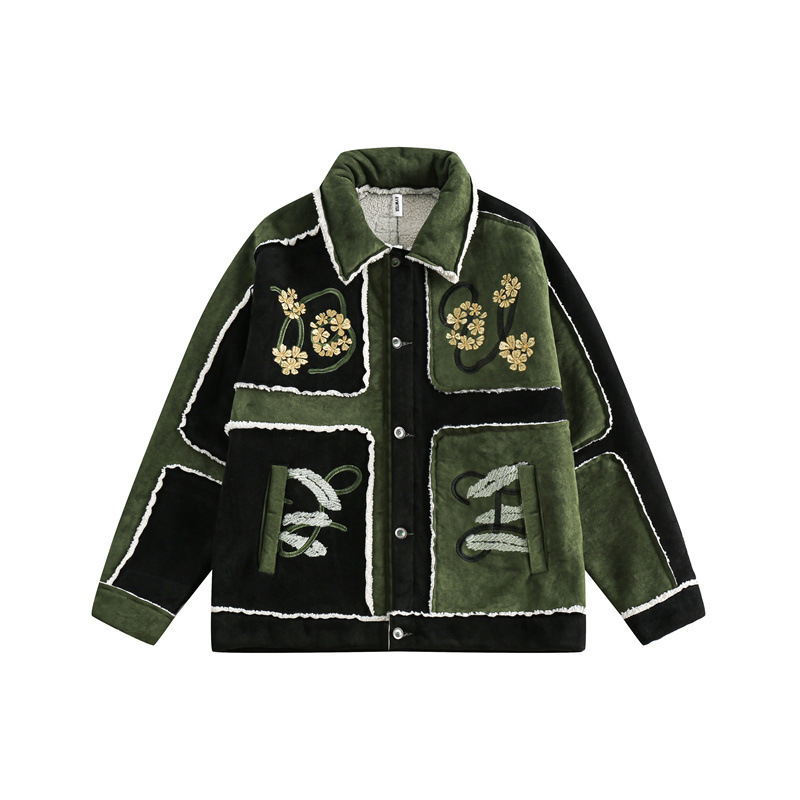 GorgeousBen Men's Retro Color Block Embroidery Cotton-Padded Jacket, Warm Thick Winter Coat