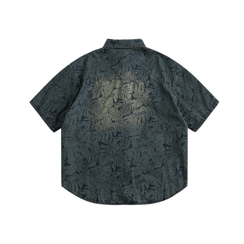 GorgeousBen Men's Vintage Floral Denim Short Sleeve Shirt Loose Casual Blouse