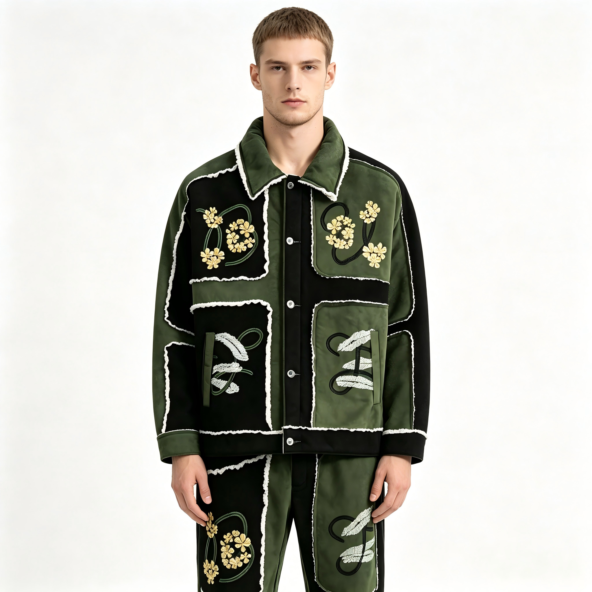 GorgeousBen Men's Retro Color Block Embroidery Cotton-Padded Jacket, Warm Thick Winter Coat