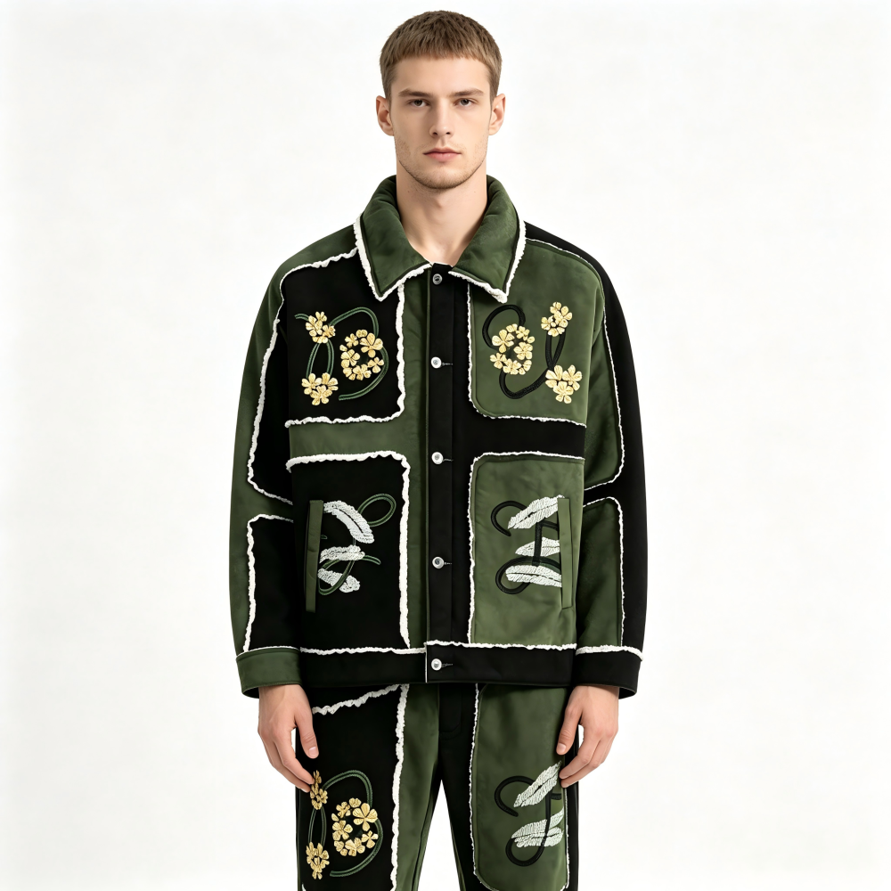GorgeousBen Men's Retro Color Block Embroidery Cotton-Padded Jacket, Warm Thick Winter Coat