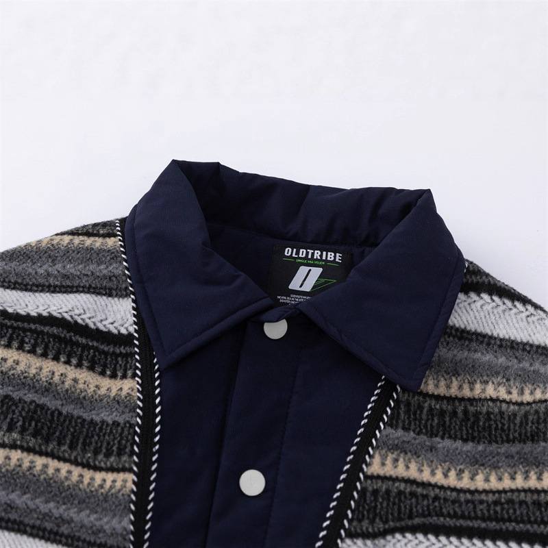 GorgeousBen Men's Retro Striped Patchwork Cotton-Padded Jacket, Loose Winter Coat