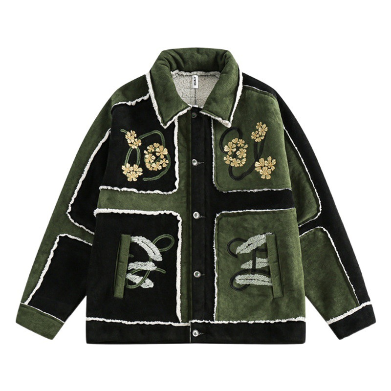 GorgeousBen Men's Retro Color Block Embroidery Cotton-Padded Jacket, Warm Thick Winter Coat