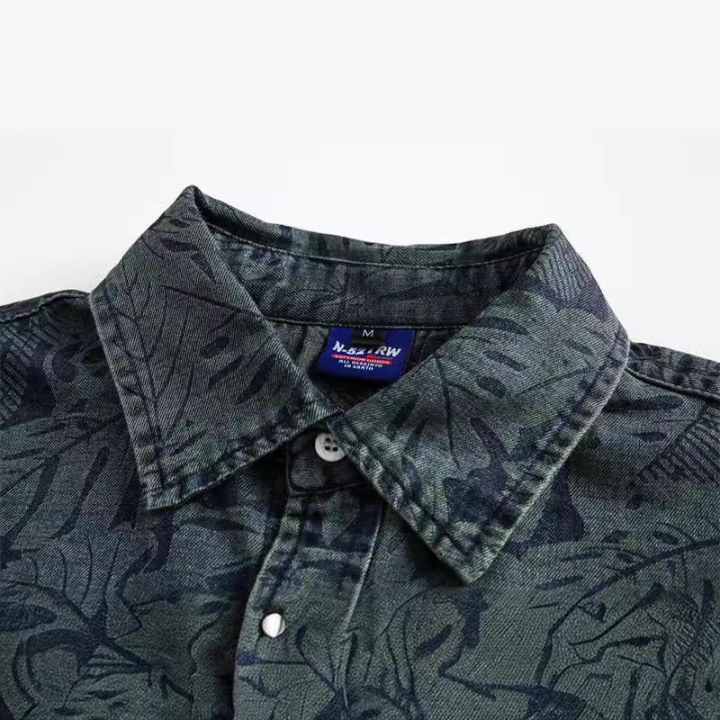 GorgeousBen Men's Vintage Floral Denim Short Sleeve Shirt Loose Casual Blouse