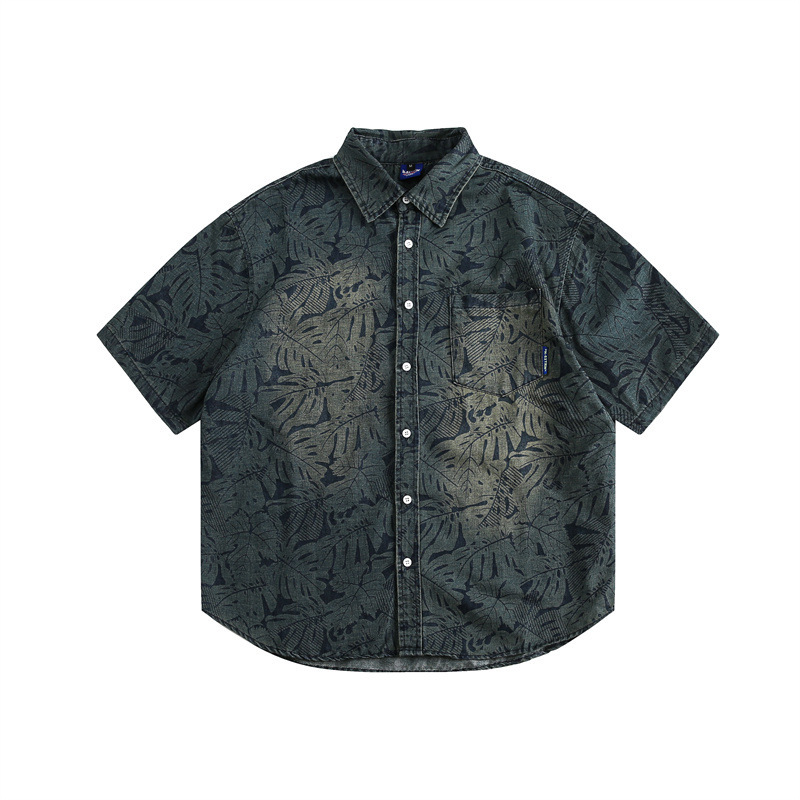 GorgeousBen Men's Vintage Floral Denim Short Sleeve Shirt Loose Casual Blouse