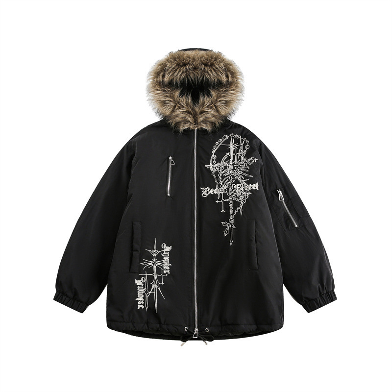 GorgeousBen Men's American Retro Embroidered Hooded Parka, Loose Fit, Black Winter Coat