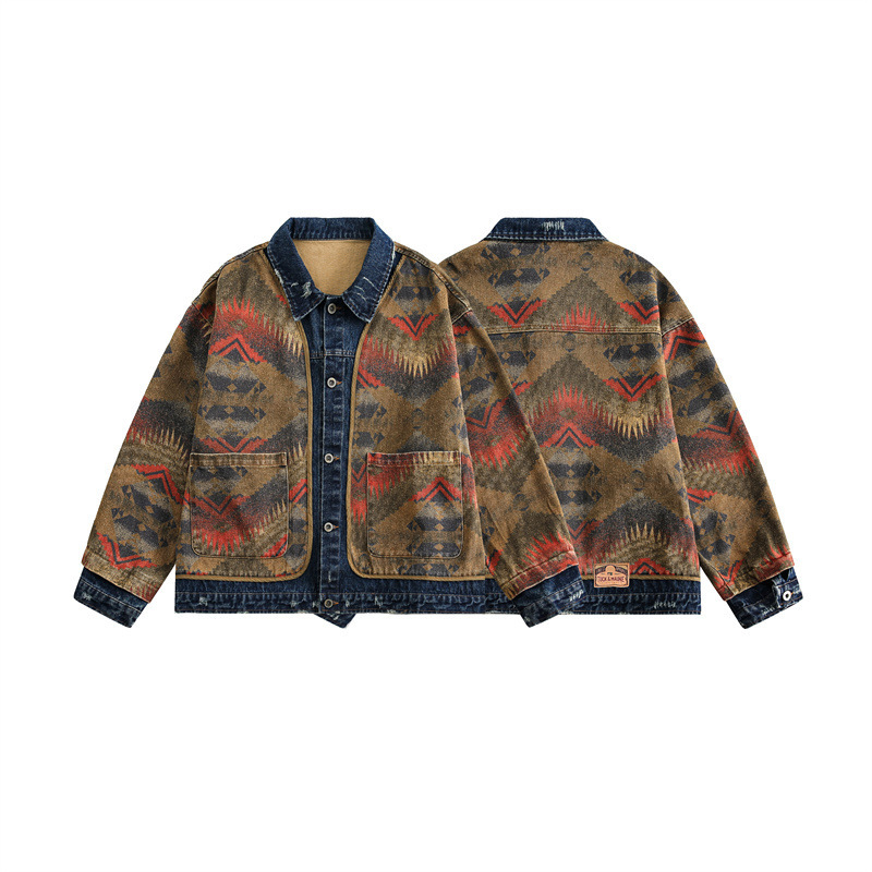 GorgeousBen Men's Vintage Western Jacquard Denim Jacket Loose Casual Coat