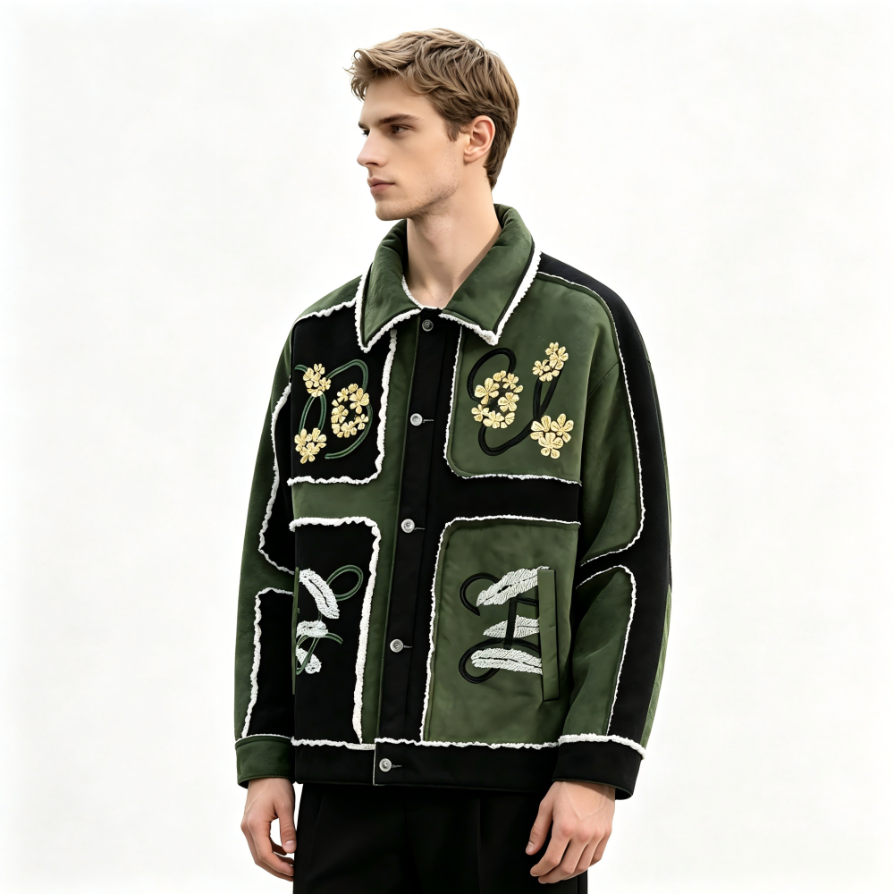 GorgeousBen Men's Retro Color Block Embroidery Cotton-Padded Jacket, Warm Thick Winter Coat