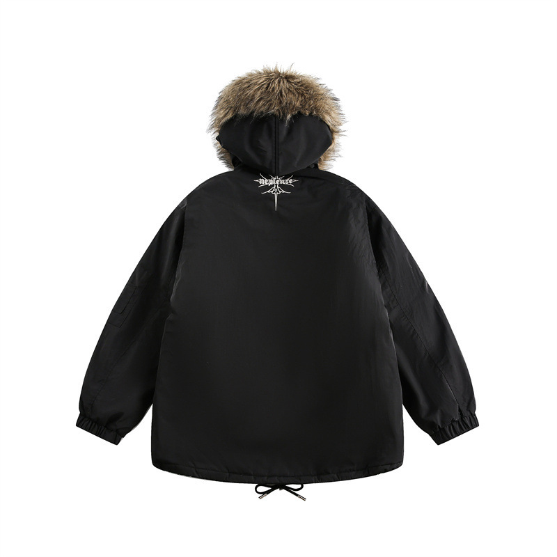 GorgeousBen Men's American Retro Embroidered Hooded Parka, Loose Fit, Black Winter Coat