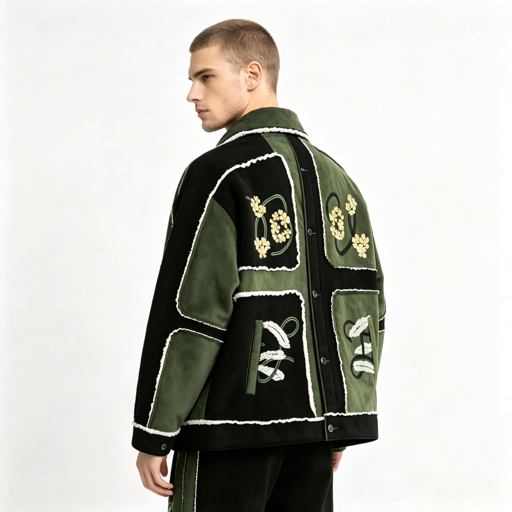 GorgeousBen Men's Retro Color Block Embroidery Cotton-Padded Jacket, Warm Thick Winter Coat