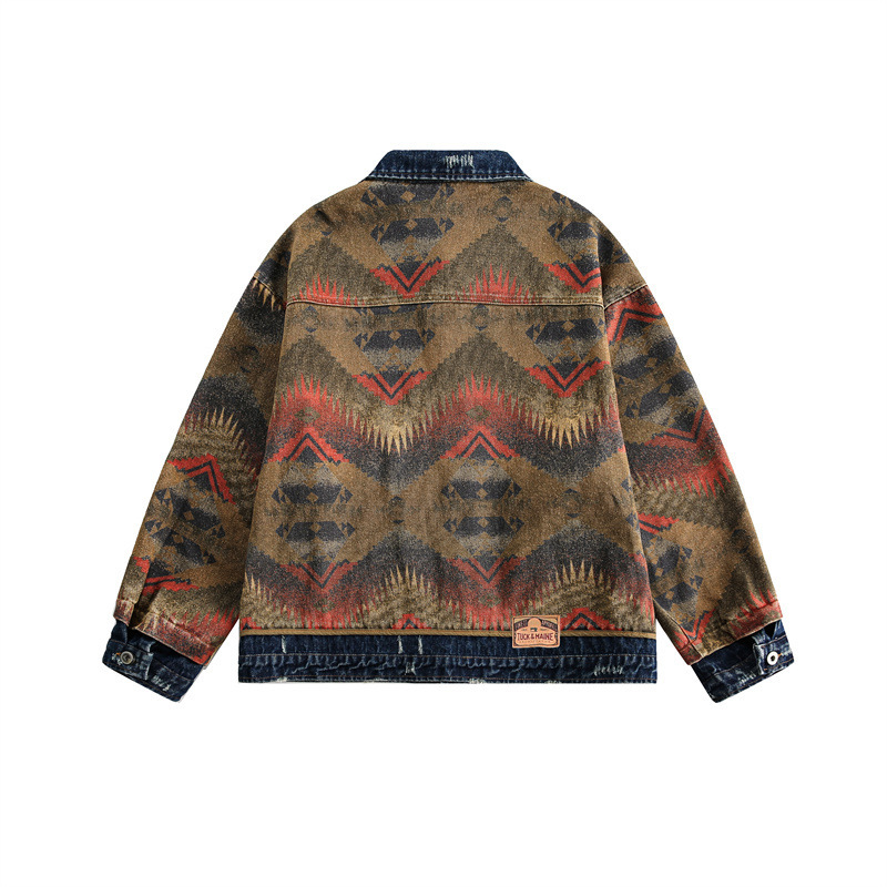 GorgeousBen Men's Vintage Western Jacquard Denim Jacket Loose Casual Coat
