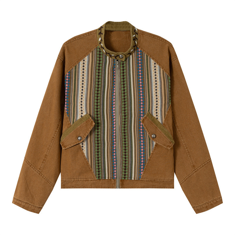 GorgeousBen Men's Ethnic Stripe Patchwork Jacket Loose Retro Casual Coat