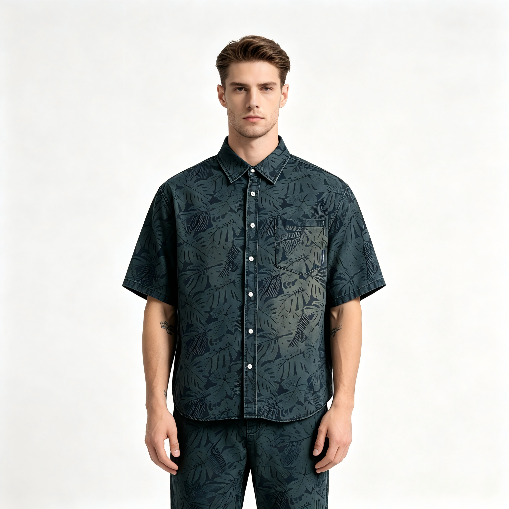 GorgeousBen Men's Vintage Floral Denim Short Sleeve Shirt Loose Casual Blouse