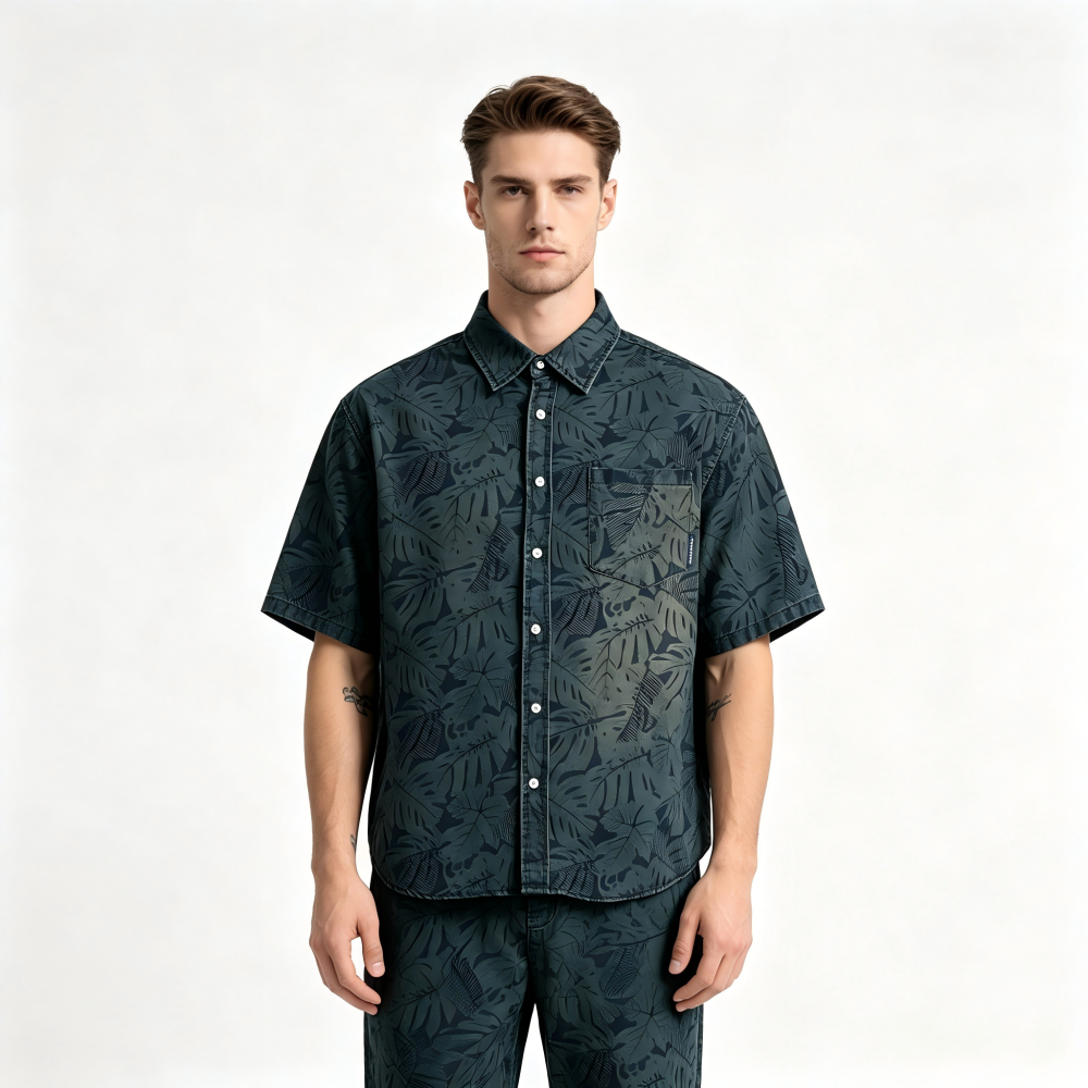 GorgeousBen Men's Vintage Floral Denim Short Sleeve Shirt Loose Casual Blouse