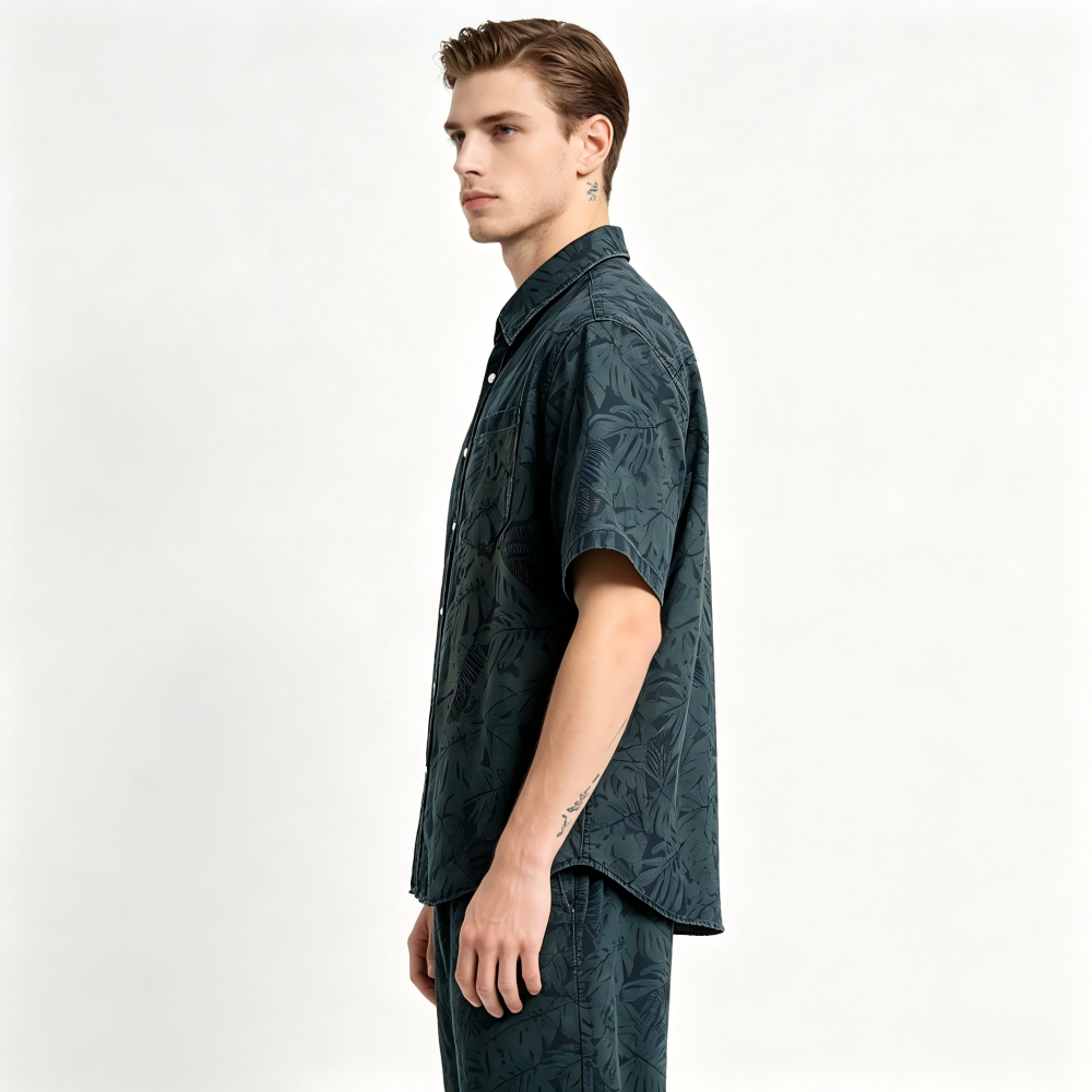 GorgeousBen Men's Vintage Floral Denim Short Sleeve Shirt Loose Casual Blouse