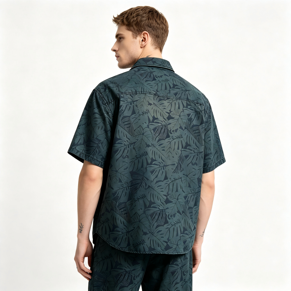 GorgeousBen Men's Vintage Floral Denim Short Sleeve Shirt Loose Casual Blouse