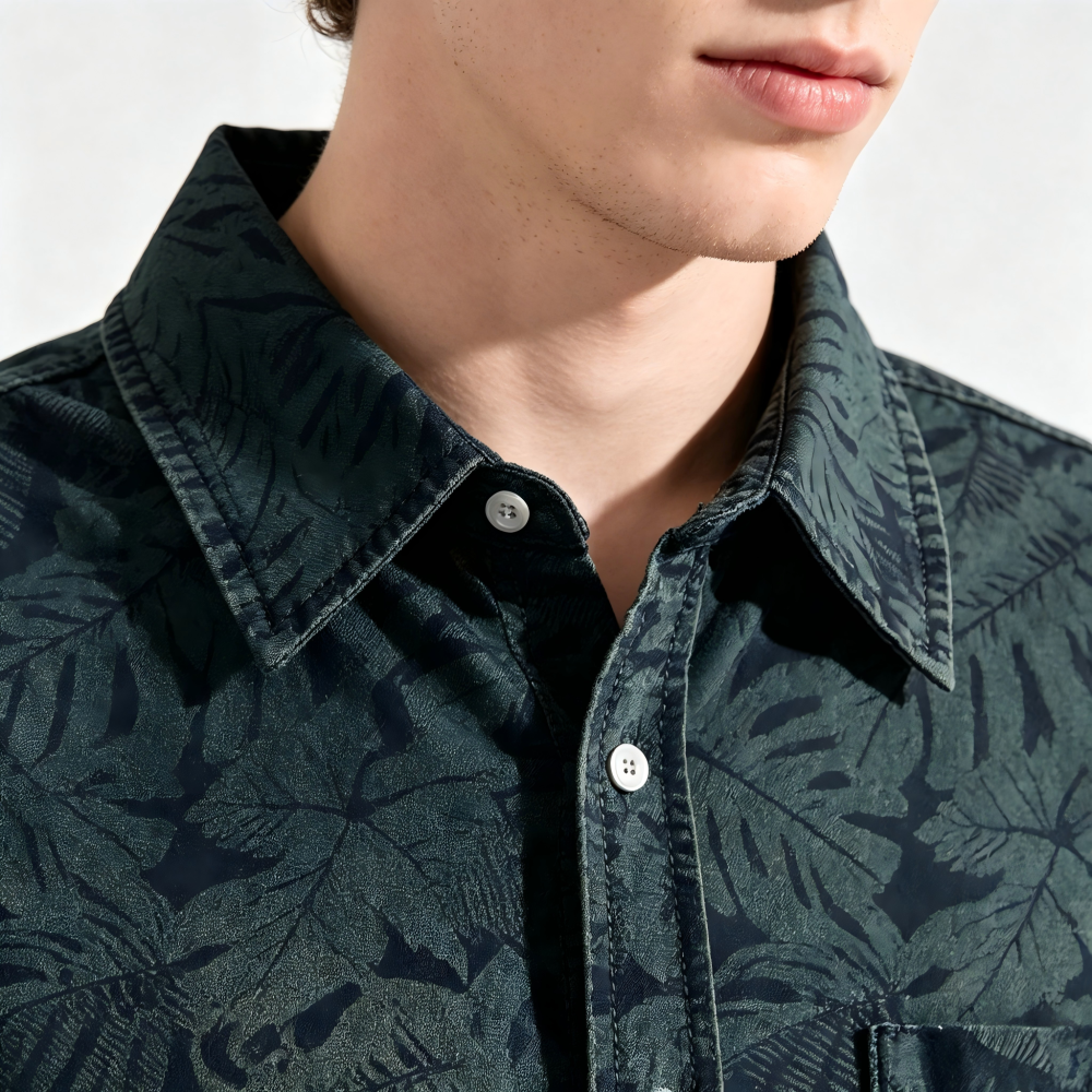 GorgeousBen Men's Vintage Floral Denim Short Sleeve Shirt Loose Casual Blouse