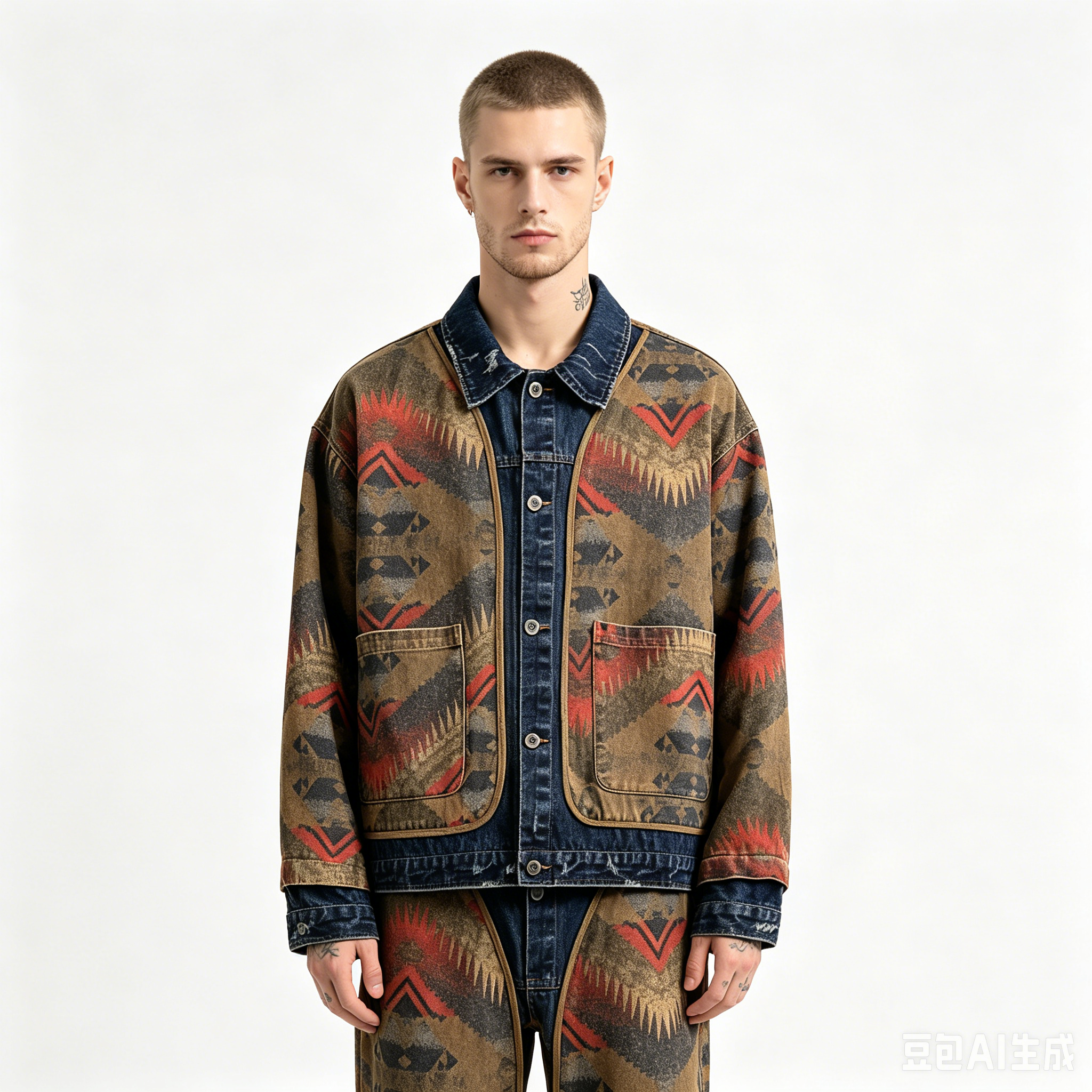 GorgeousBen Men's Vintage Western Jacquard Denim Jacket Loose Casual Coat