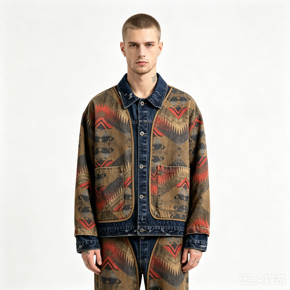 GorgeousBen Men's Vintage Western Jacquard Denim Jacket Loose Casual Coat