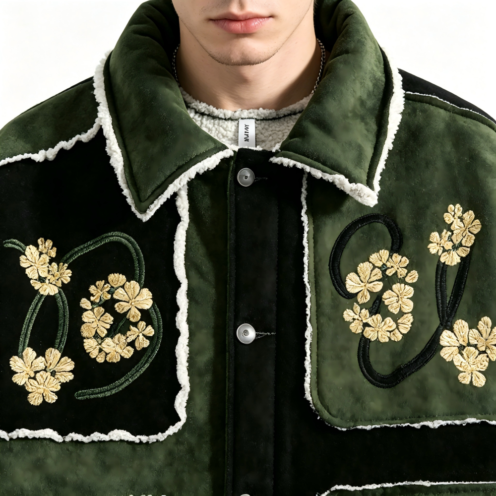 GorgeousBen Men's Retro Color Block Embroidery Cotton-Padded Jacket, Warm Thick Winter Coat