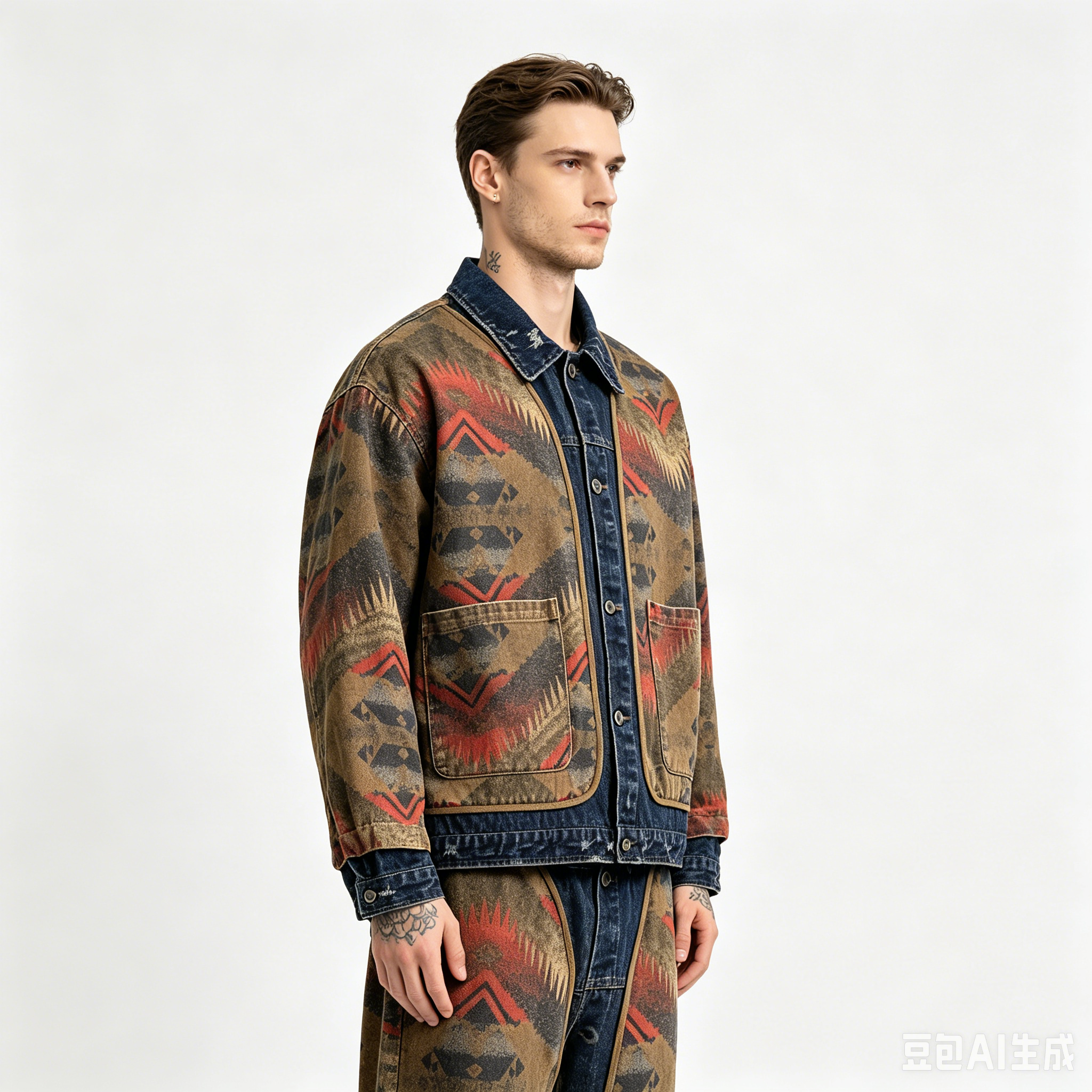 GorgeousBen Men's Vintage Western Jacquard Denim Jacket Loose Casual Coat