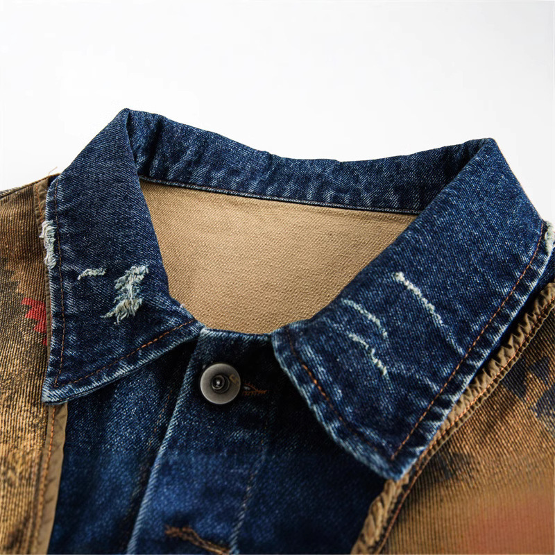 GorgeousBen Men's Vintage Western Jacquard Denim Jacket Loose Casual Coat