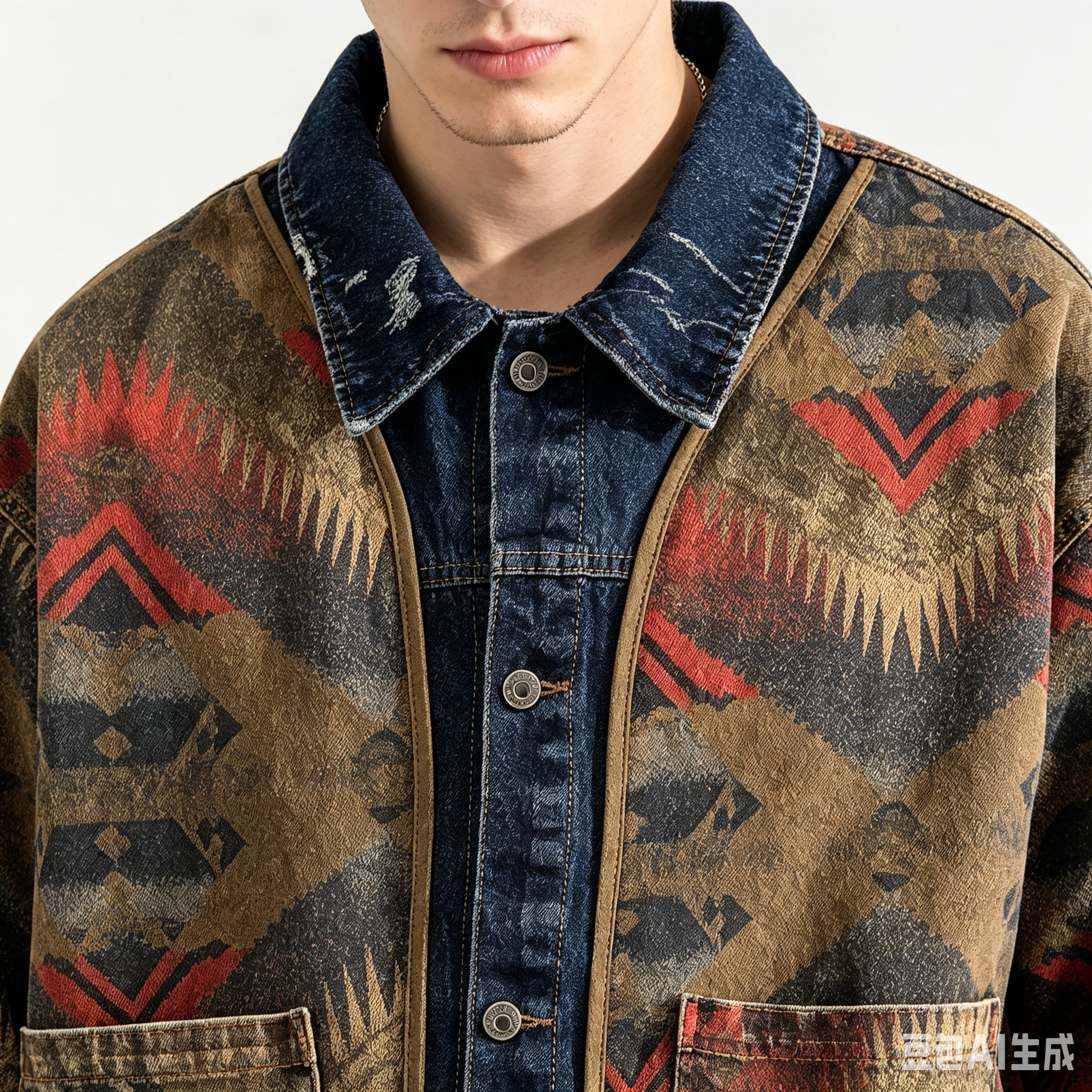 GorgeousBen Men's Vintage Western Jacquard Denim Jacket Loose Casual Coat
