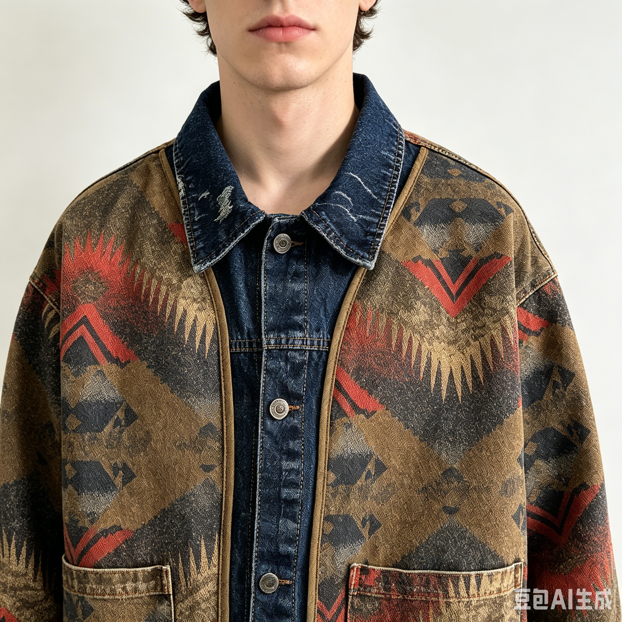 GorgeousBen Men's Vintage Western Jacquard Denim Jacket Loose Casual Coat
