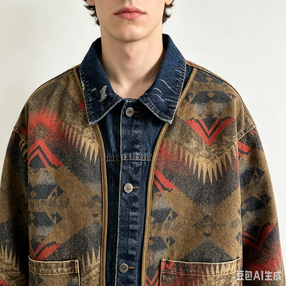 GorgeousBen Men's Vintage Western Jacquard Denim Jacket Loose Casual Coat