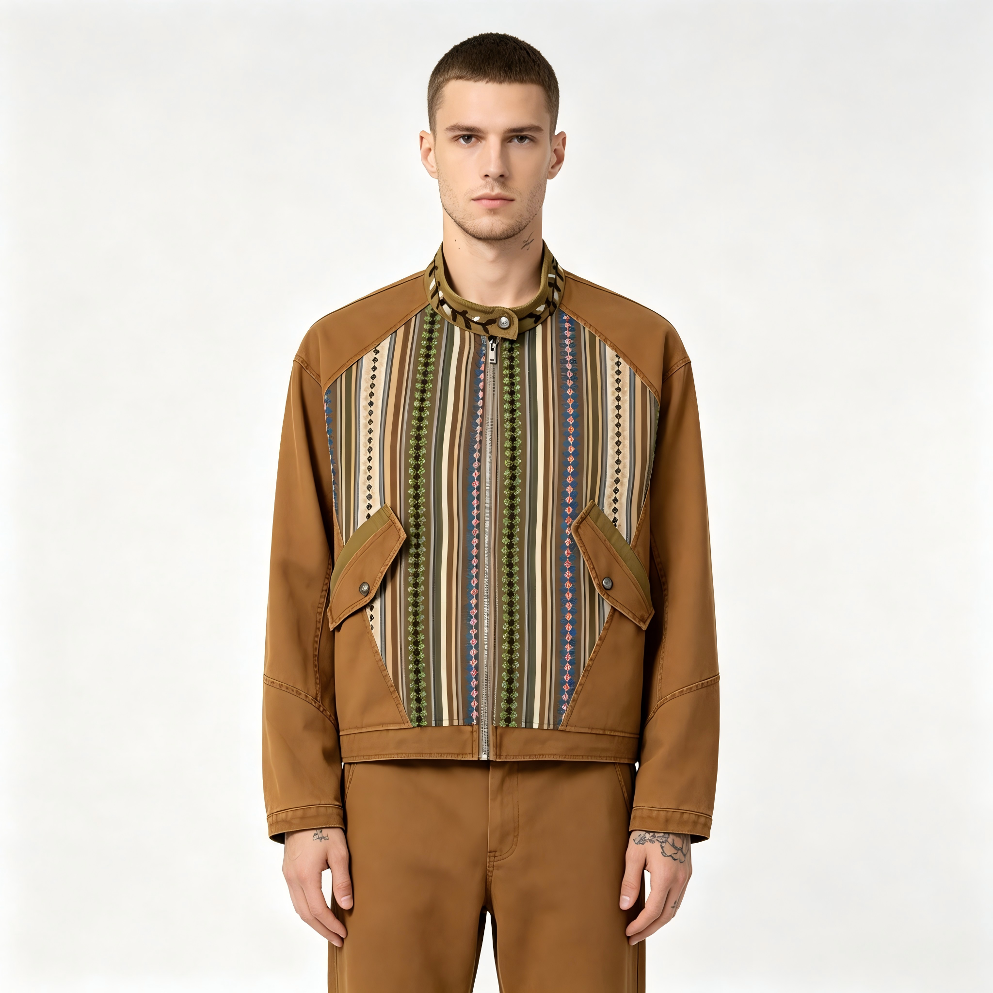 GorgeousBen Men's Ethnic Stripe Patchwork Jacket Loose Retro Casual Coat
