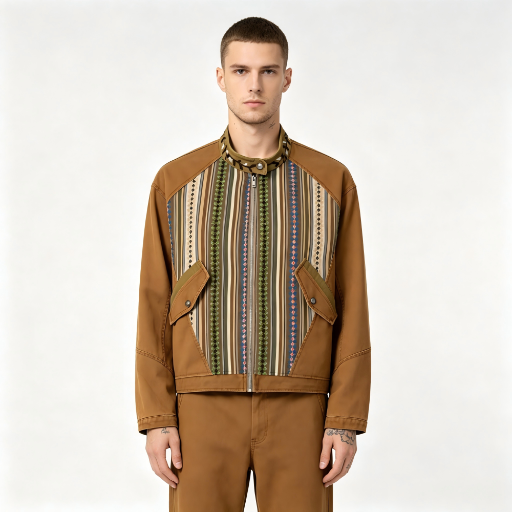GorgeousBen Men's Ethnic Stripe Patchwork Jacket Loose Retro Casual Coat
