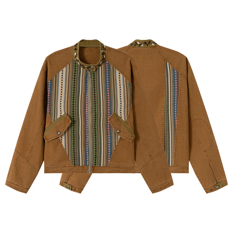 GorgeousBen Men's Ethnic Stripe Patchwork Jacket Loose Retro Casual Coat