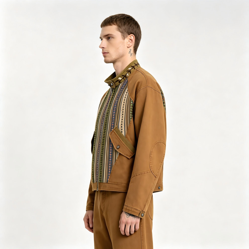 GorgeousBen Men's Ethnic Stripe Patchwork Jacket Loose Retro Casual Coat