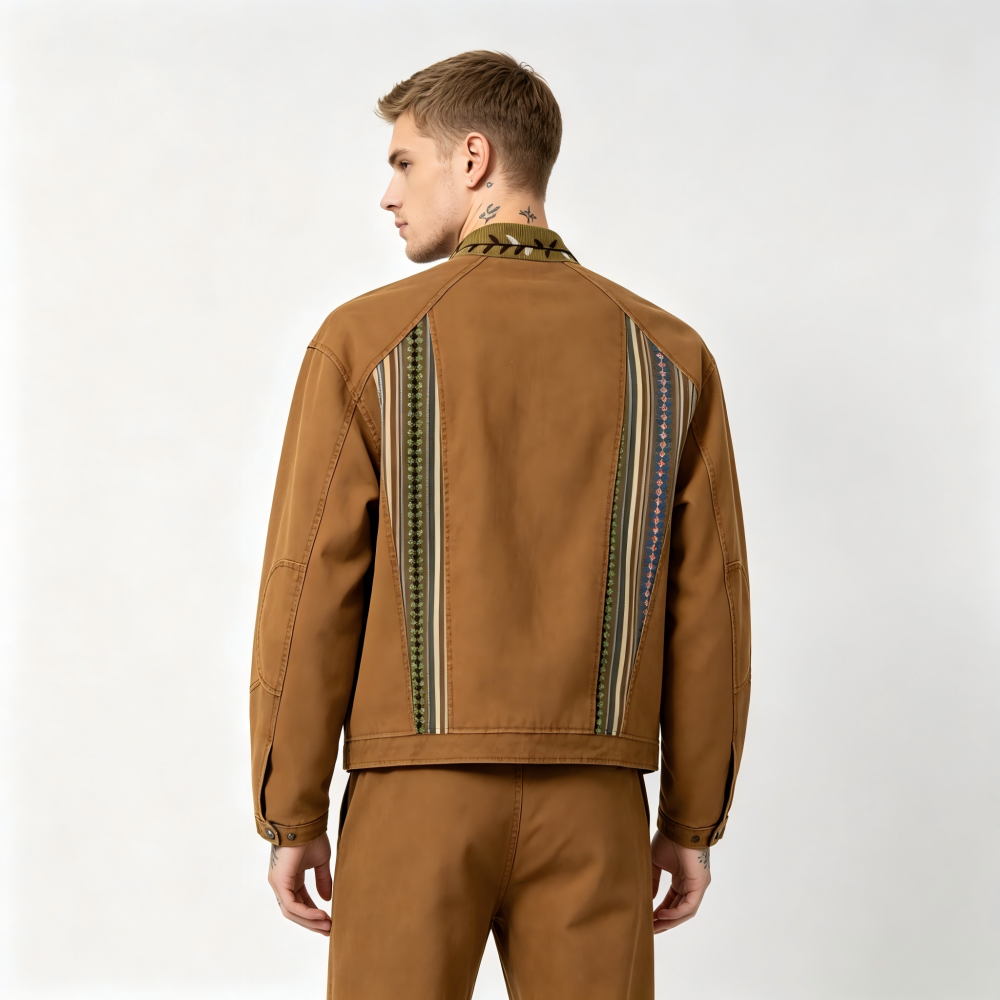 GorgeousBen Men's Ethnic Stripe Patchwork Jacket Loose Retro Casual Coat