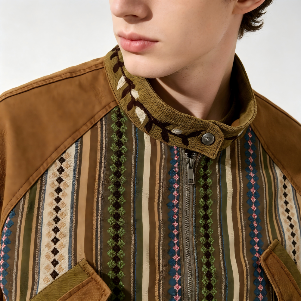 GorgeousBen Men's Ethnic Stripe Patchwork Jacket Loose Retro Casual Coat