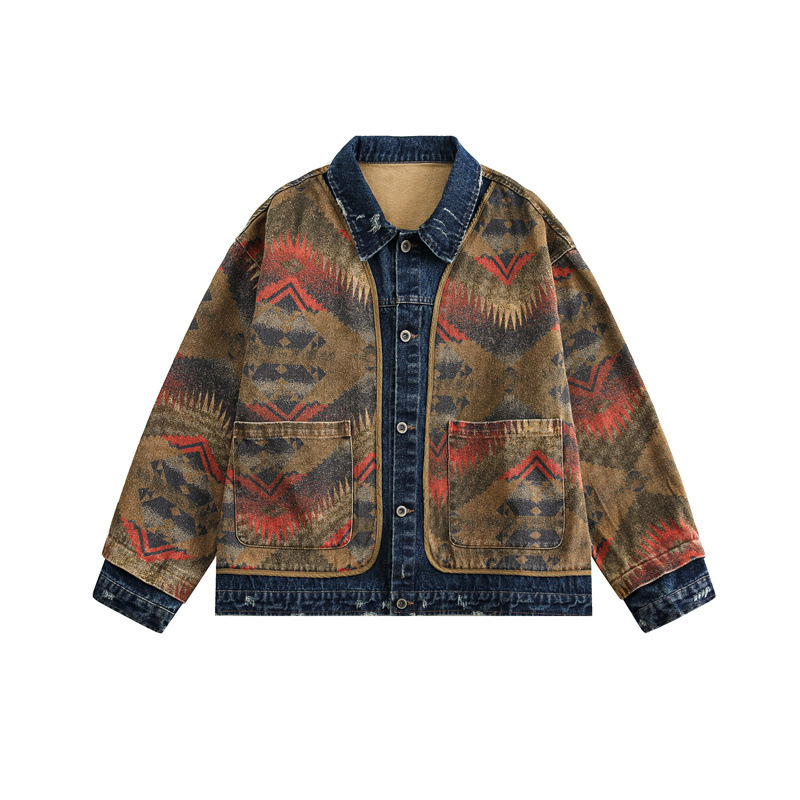 GorgeousBen Men's Vintage Western Jacquard Denim Jacket Loose Casual Coat
