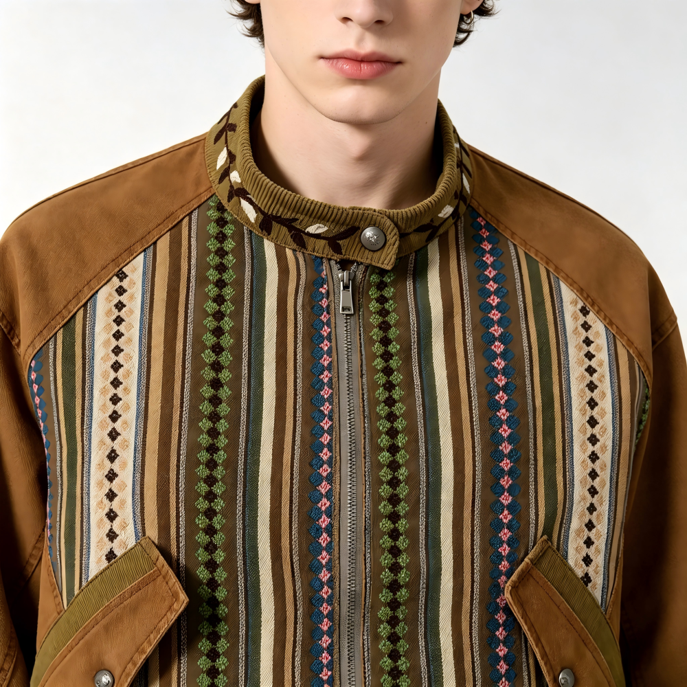 GorgeousBen Men's Ethnic Stripe Patchwork Jacket Loose Retro Casual Coat