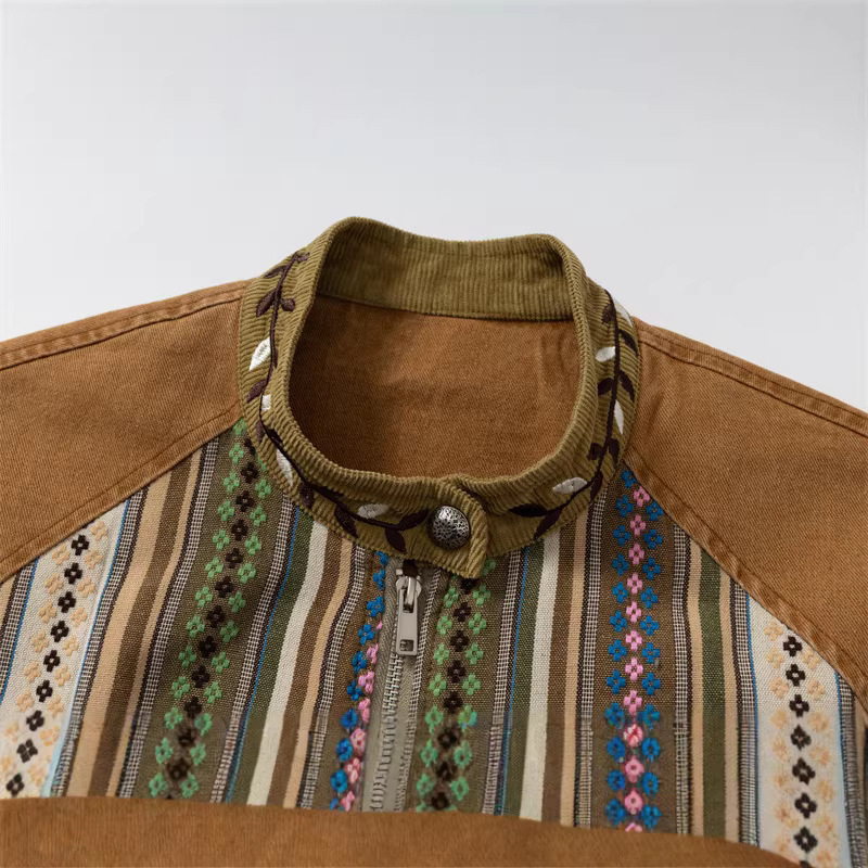 GorgeousBen Men's Ethnic Stripe Patchwork Jacket Loose Retro Casual Coat