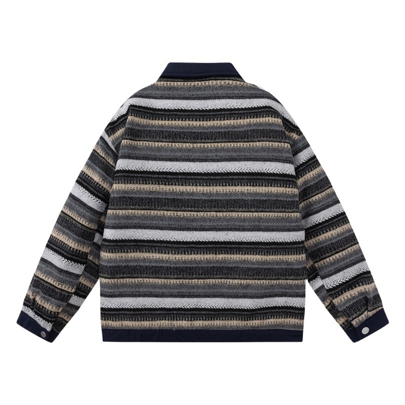 GorgeousBen Men's Retro Striped Patchwork Cotton-Padded Jacket, Loose Winter Coat
