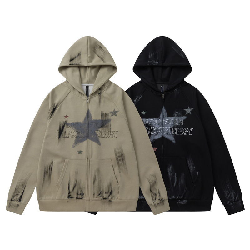 GorgeousBen Men's American Graffiti Star Zip-Up Hoodie, Loose Fit, Casual Streetwear
