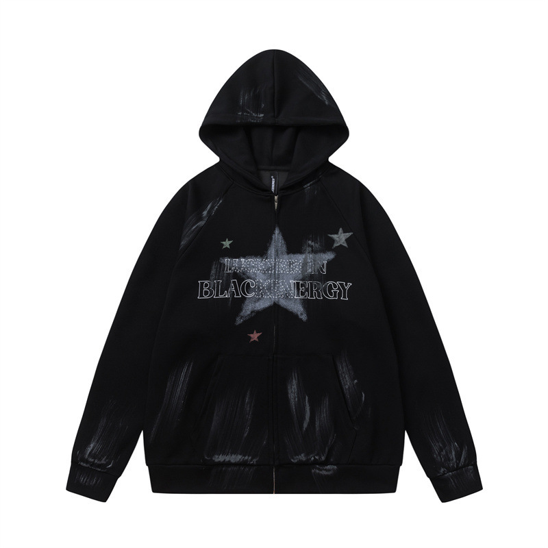GorgeousBen Men's American Graffiti Star Zip-Up Hoodie, Loose Fit, Casual Streetwear