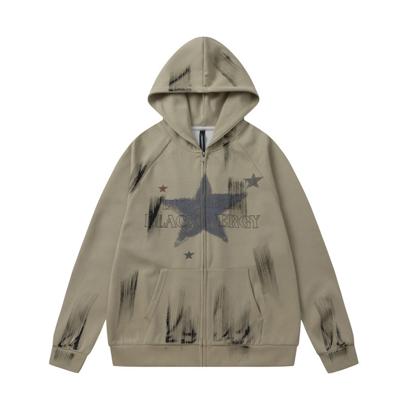 GorgeousBen Men's American Graffiti Star Zip-Up Hoodie, Loose Fit, Casual Streetwear