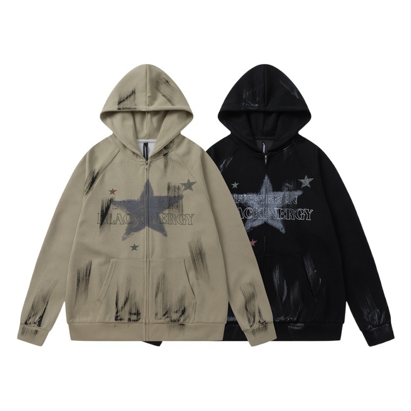 GorgeousBen Men's American Graffiti Star Zip-Up Hoodie, Loose Fit, Casual Streetwear