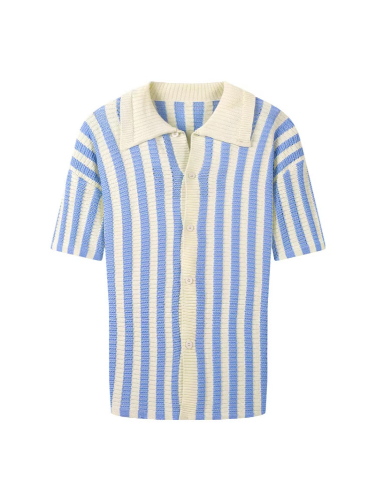GorgeousBen Men's Slim Fit Striped Knit Polo Cardigan, Breathable Summer Shirt