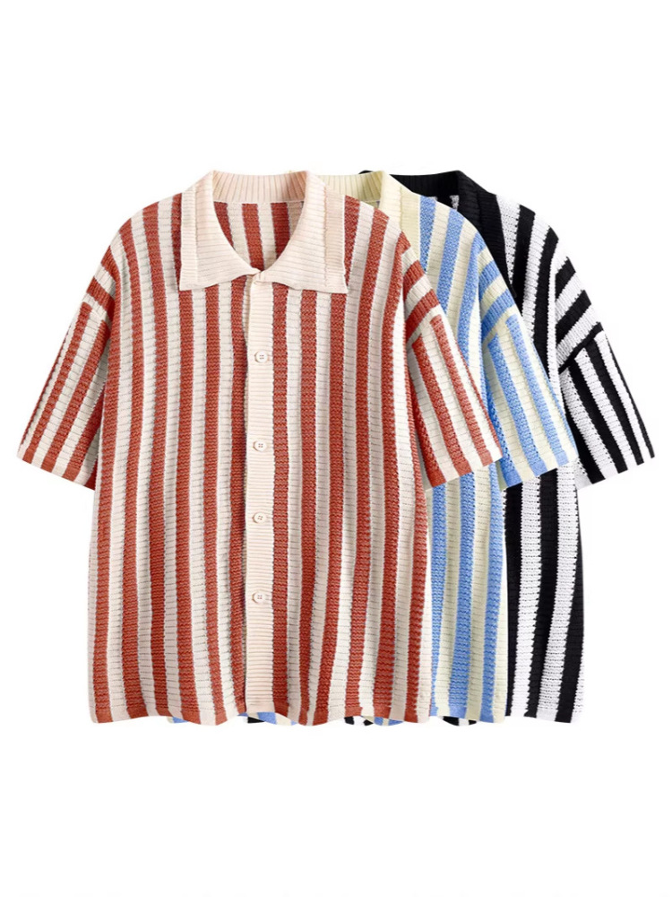 GorgeousBen Men's Slim Fit Striped Knit Polo Cardigan, Breathable Summer Shirt
