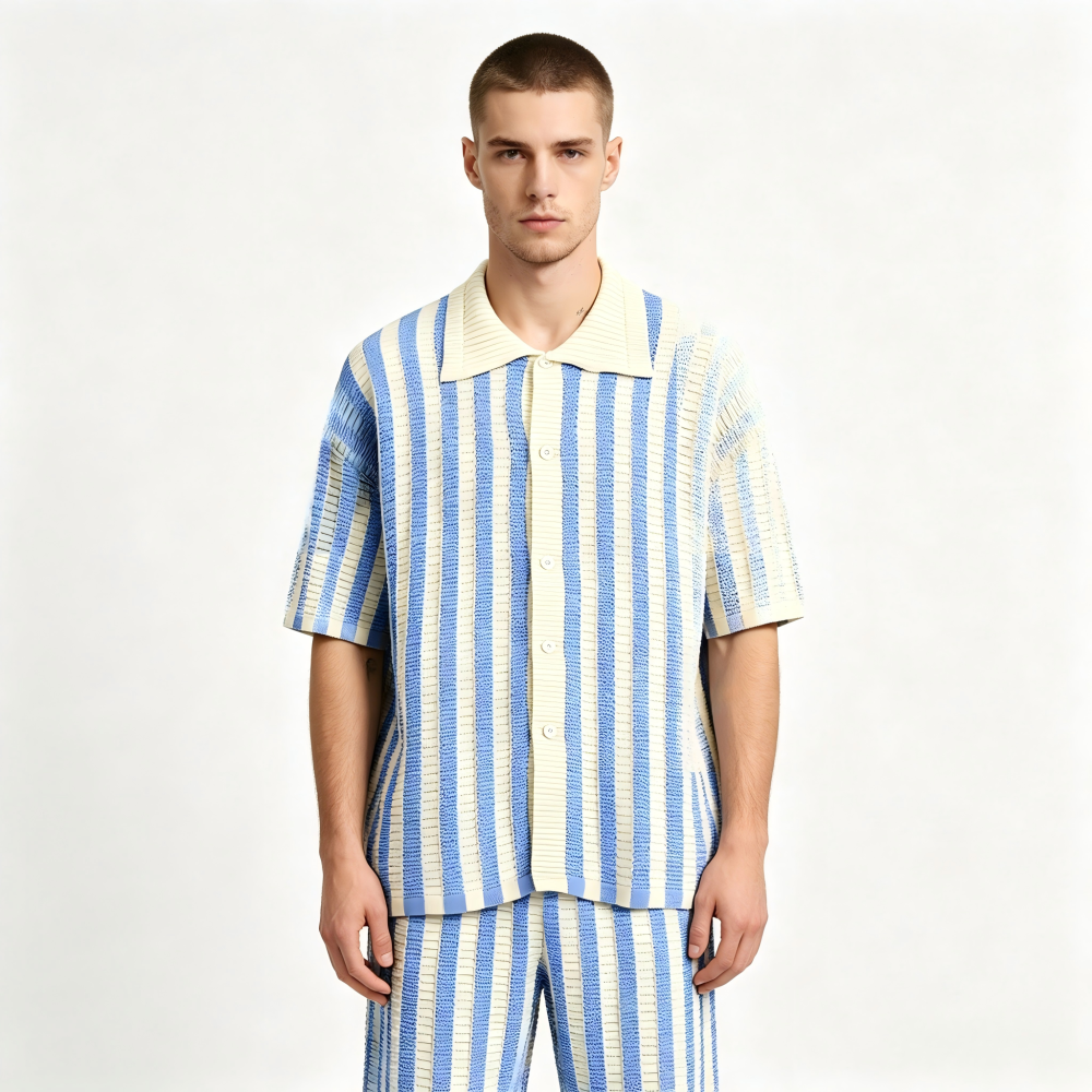 GorgeousBen Men's Slim Fit Striped Knit Polo Cardigan, Breathable Summer Shirt