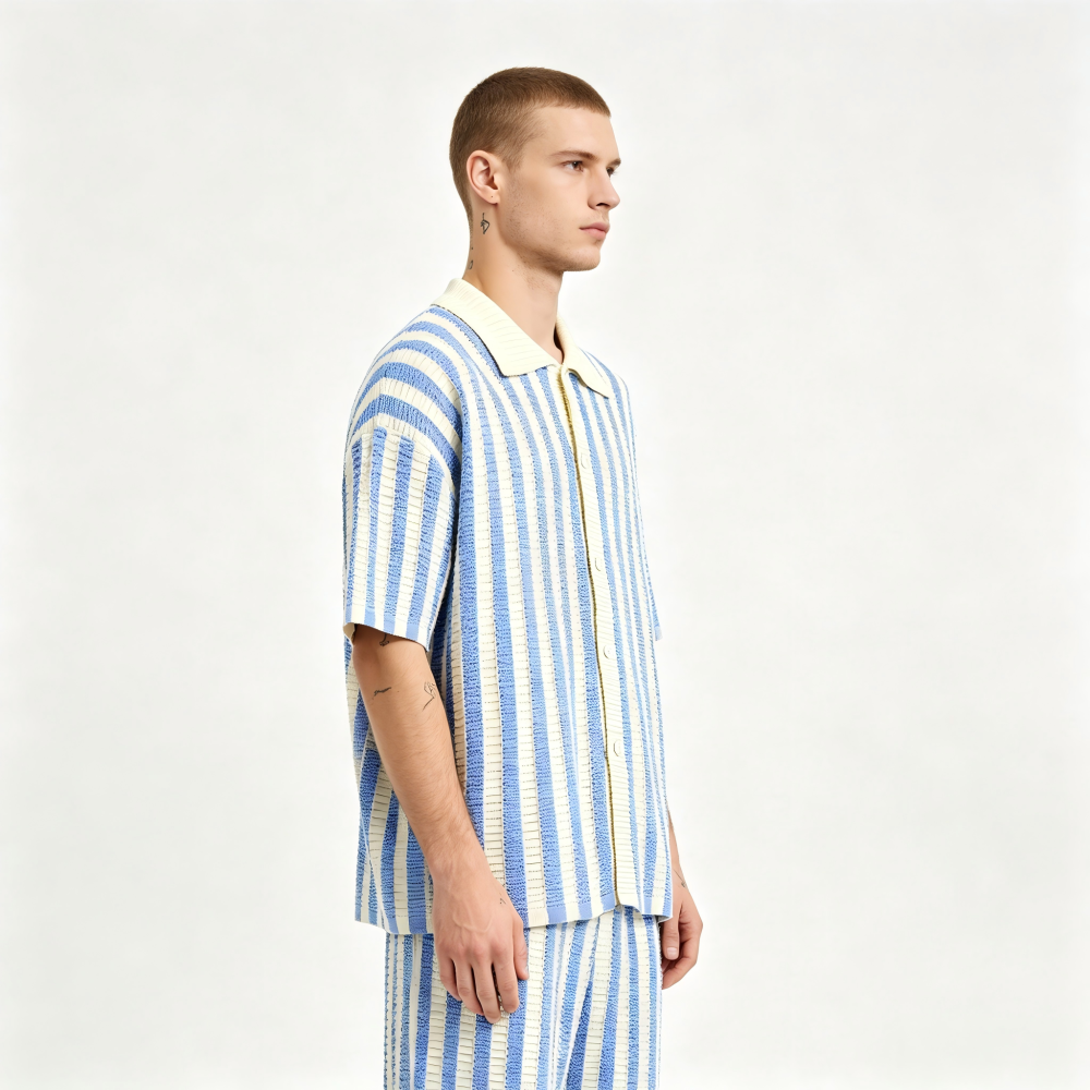 GorgeousBen Men's Slim Fit Striped Knit Polo Cardigan, Breathable Summer Shirt