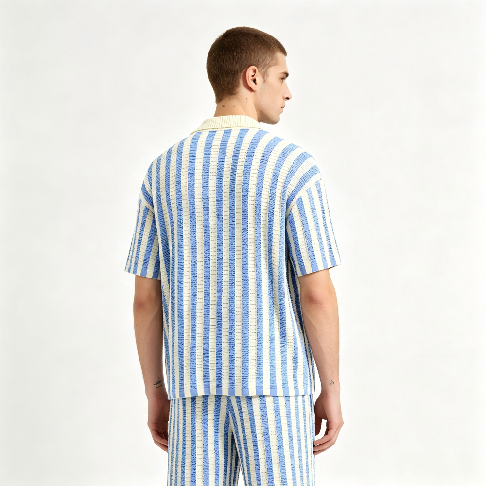 GorgeousBen Men's Slim Fit Striped Knit Polo Cardigan, Breathable Summer Shirt