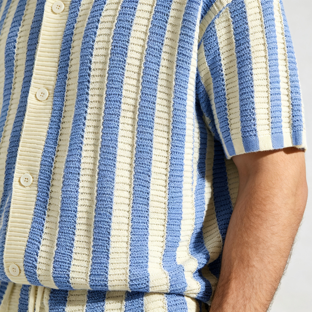 GorgeousBen Men's Slim Fit Striped Knit Polo Cardigan, Breathable Summer Shirt
