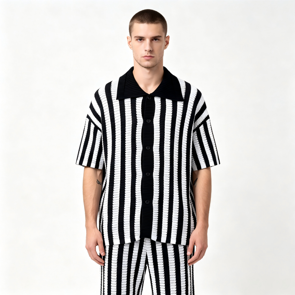 GorgeousBen Men's Slim Fit Striped Knit Polo Cardigan, Breathable Summer Shirt